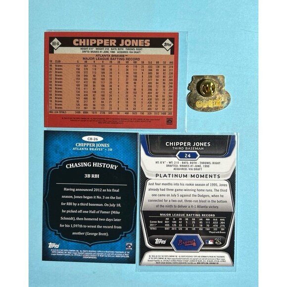 Atl Braves pin & Chipper Jones 3 insert Card Lot-2012-2021 #24 #CH-26 & 86B-64 - Picture 6 of 6